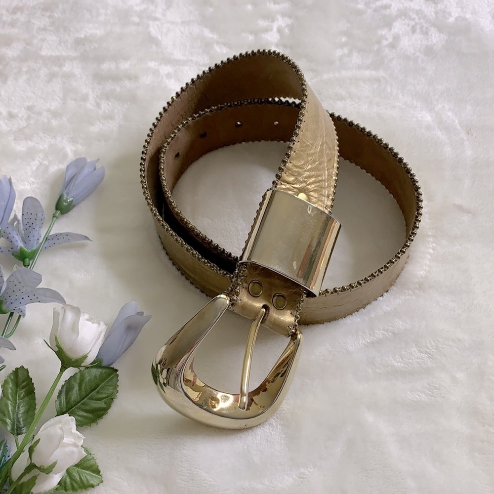 B.B. SIMON Gold Leather Studded Statement Glam Belt, M